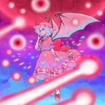  1girl back_bow bat_wings blue_hair bow brooch commentary_request danmaku full_body full_moon hat hat_ribbon jewelry laser mangetsu_(yayoi) medium_hair mob_cap moon open_mouth outdoors pink_hat pink_shirt pink_skirt purple_sky red_bow red_eyes red_moon remilia_scarlet ribbon shirt skirt skirt_bow skirt_set sky solo touhou wings 