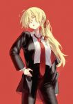  1girl absurdres alternate_costume alternate_hairstyle black_jacket black_pants blonde_hair bow braid collared_shirt commentary contemporary crossdressing crossdressing_(ftm) english_commentary hair_bow hand_on_own_hip highres jacket kirisame_marisa long_hair looking_at_viewer missing_headwear neat_ad4816 necktie open_clothes open_jacket pants ponytail red_background red_bow red_necktie shirt side_braid simple_background single_braid solo touhou white_shirt 