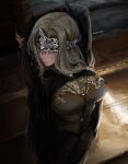  1girl absurdres black_cape black_dress breasts cape dark_souls_(series) dark_souls_iii dress eye_mask fire_keeper highres jewelry large_breasts long_hair m4skedboi mask necklace simple_background solo stretching white_hair 