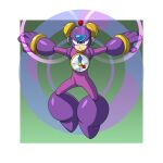  1boy analog_clock blue_eyes bodysuit border clock commentary english_commentary floating forehead_jewel full_body gloves green_background helmet highres looking_at_viewer mega_man:_powered_up mega_man_(classic) mega_man_(series) outside_border purple_bodysuit purple_gloves purple_helmet radio_antenna simple_background solo time_man toastiepumpkin two-tone_background white_border 