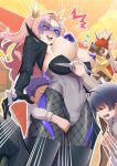  1girl 3boys billy_kid billy_kid_(starlight) black_boots black_hair black_jacket blush boots breasts child commentary_request covered_nipples covering_face crown emphasis_lines eye_mask fishnet_pantyhose fishnets grabbing_from_behind green_eyes grey_hair grey_leotard highres humanoid_robot jacket large_breasts leotard leotard_pull long_hair mask multiple_boys nicole_demara pantyhose pasties purple_hair robot swzw twintails very_long_hair zenless_zone_zero 