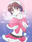  1girl :o belt black_belt blue_hair blush brown_hair capelet christmas commentary_request elbow_gloves fur-trimmed_capelet fur-trimmed_headwear fur-trimmed_skirt fur_trim gloves gradient_hair grey_eyes hanamutsuki hat merry_christmas midriff multicolored_hair navel open_mouth ranma_1/2 red_capelet red_gloves red_skirt santa_costume santa_hat short_hair skirt solo tendou_akane 