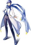  bangs belt blue_eyes blue_hair blue_scarf boots coat full_body headset ixima kaito kaito_(vocaloid3) male_focus microphone official_art pants scarf see-through solo transparent_background vocaloid zipper 