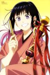  1girl absurdres akane-banashi anime_coloring artist_name black_hair colored_tips copyright_name copyright_notice earrings folded_fan folding_fan gradient_background grin hand_fan hand_up high_ponytail highres holding holding_fan japanese_clothes jewelry kimono long_hair long_sidelocks looking_at_viewer magazine_scan matsumoto_shougo multicolored_hair newtype official_art osaki_akane pink_hair ponytail purple_eyes scan sidelocks single_earring smile solo tassel tassel_earrings third-party_source two-tone_hair upper_body white_background yellow_background yukata 