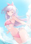  1girl :q bare_arms bare_shoulders bikini blue_sky bow bow_hairband breasts cleavage closed_mouth cloud commentary_request commission cowboy_shot cumulonimbus_cloud day dot_nose dutch_angle floating_hair frilled_bikini frills front-tie_bikini_top front-tie_top glint hairband highres indie_virtual_youtuber kurage_cc legs_together light_blush light_rays long_hair looking_at_viewer medium_breasts navel ocean one_eye_closed open_hand outdoors outstretched_arms pink_bikini pink_bow pink_eyes pink_hair pink_hairband purple_hair side-tie_bikini_bottom skeb_commission sky smile solo standing stomach sunbeam sunlight swept_bangs swimsuit tongue tongue_out very_long_hair virtual_youtuber wading water water_drop wet yuimaru_(vtuber) 