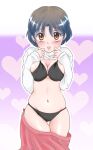  1girl :o black_bra black_panties blue_hair blush bra breasts brown_eyes brown_hair cleavage commentary_request gradient_hair hanamutsuki heart heart-shaped_pupils heart_background looking_at_viewer midriff multicolored_hair navel panties partially_undressed pink_skirt pulling_own_clothes purple_background ranma_1/2 shirt short_hair skirt solo symbol-shaped_pupils tendou_akane underwear white_shirt 