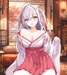  1girl architecture bare_shoulders breasts cleavage commentary_request commission east_asian_architecture hair_ribbon hakama hakama_short_skirt hakama_skirt highres indie_virtual_youtuber indoors japanese_clothes kimono kisekidzuna lantern long_hair long_sleeves medium_breasts miko new_year off_shoulder open_mouth painting_(object) pink_eyes red_ribbon ribbon second-party_source shouji skirt sliding_doors solo tree virtual_youtuber white_hair white_kimono wide_sleeves yuimaru_(vtuber) 