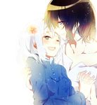  1girl bad_id bad_pixiv_id black_hair blue_eyes couple earrings happy hetero highres holding_hands howl_(howl_no_ugoku_shiro) howl_no_ugoku_shiro interlocked_fingers jewelry lingmuzi long_hair smile sophie_(howl_no_ugoku_shiro) studio_ghibli white_hair 