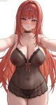  1girl babydoll bare_arms bare_shoulders black_babydoll black_choker black_nightgown black_panties breasts choker cleavage collarbone come_hither commentary_request dot_nose goddess_of_victory:_nikke groin highres kinoko_kun large_breasts lingerie long_hair looking_at_viewer navel nightgown nipples official_alternate_costume outstretched_arms pajamas panties pubic_hair rapi_(nikke) rapi_(red_hood)_(cherished_red)_(nikke) rapi_(red_hood)_(nikke) reaching reaching_towards_viewer red_eyes red_hair see-through_clothes see-through_nightgown solo spaghetti_strap stomach underwear very_long_hair 