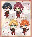  4boys akehoshi_subaru arm_up black_gloves black_hair blonde_hair blue-framed_eyewear blue_eyes blush_stickers chibi chibi_only closed_mouth commentary ensemble_stars! flower full_body glasses gloves green_eyes hair_between_eyes hidaka_hokuto holding holding_flower isara_mao jacket long_sleeves looking_at_viewer male_focus multiple_boys one_eye_closed open_clothes open_jacket orange_hair pants petals red_flower red_hair red_jacket red_pants red_petals red_rose rose short_hair standing standing_on_one_leg trianon trickstar_(ensemble_stars!) untranslatable_commentary yuuki_makoto_(ensemble_stars!) 