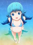  beach bikini blue_eyes blue_hair eyebrows eyebrows_visible_through_hair from_above full_body happinesscharge_precure! long_hair looking_at_viewer looking_up open_mouth outdoors precure shadow shirayuki_hime slowpit solo standing swimsuit water 