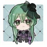  1girl :< armor border bow closed_mouth commentary_request crossed_bangs eyeshadow fascinator fire_emblem fire_emblem:_fortune's_weave green_background green_eyes green_hair hair_between_eyes hat hat_bow looking_at_viewer makeup miko0411 mini_hat ninae_(fire_emblem) purple_eyeshadow short_hair_with_long_locks shoulder_armor solo white_border 