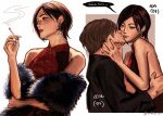  1boy 1girl ada_wong beard_stubble black_hair black_jacket black_nails brown_hair china_dress chinese_clothes cigarette couple dress earrings facial_hair hetero highres holding holding_cigarette jacket jewelry leon_s._kennedy looking_at_another parted_bangs resident_evil resident_evil_requiem rikky_yn short_hair smoke smoking stubble twitter_username white_background 