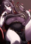  1girl absurdres ahoge bare_shoulders black_dress black_hair blush breasts china_dress chinese_clothes cleavage colored_inner_hair commentary covered_navel double_bun dress earrings goddess_of_victory:_nikke hair_bun hand_mirror hand_on_own_cheek hand_on_own_face highres holding holding_mirror jewelry large_breasts long_hair looking_at_viewer mirror moran_(king_of_flowers)_(nikke) moran_(nikke) multicolored_hair official_alternate_costume official_alternate_hairstyle pelvic_curtain red_eyes red_hair red_streaks simple_background small_chair_(xiaosaiyi33818) solo streaked_hair thighs twintails underboob 