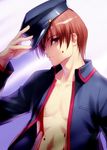  blood blood_on_face brown_hair collarbone hand_on_headwear hat little_busters! long_sleeves male_focus natsume_kyousuke open_clothes open_shirt parted_lips red_eyes school_uniform shirt solo upper_body zen 