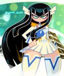  1girl absurdres artist_name black_hair closed_mouth commentary draymont_blanc dress english_commentary epaulettes hand_on_own_hip highres junketsu kill_la_kill kiryuuin_satsuki long_hair looking_at_viewer serious solo thighhighs white_dress white_thighhighs 