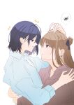  2girls absurdres blue_eyes blue_hair blue_shirt blush braid brown_hair brown_shirt collared_shirt commentary earrings english_commentary eye_contact half_up_braid hand_in_another's_hair hand_on_another's_head hand_on_another's_shoulder hands_on_another's_waist highres hug jewelry long_hair looking_at_another medium_hair misha_94 miyagi_shiori multiple_girls parted_lips pout purple_eyes sendai_hazuki shirt shuuniichido_classmate_wo_kau_hanashi simple_background smile spoken_squiggle squiggle stud_earrings white_background yuri 