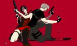  1boy 1girl absurdres ada_wong black_dress black_hair blonde_hair choker commentary dress english_commentary gun highres holding holding_gun holding_weapon leon_s._kennedy on_one_knee pouch red_background red_dress resident_evil resident_evil_4 shirt short_hair side_slit simple_background sophieli t-shirt thigh_pouch weapon 