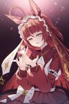  1girl ahoge alfatyomo animal_ears blunt_bangs blunt_ends blunt_sidelocks blush commentary_request dress frilled_hairband frills hair_between_eyes hairband highres horse_ears horse_girl horse_tail long_hair long_sleeves open_mouth red_desire_(divine_raiment)_(umamusume) red_desire_(umamusume) red_dress red_hair red_hairband red_headdress red_veil sidelocks smile solo sparkle star_ornament tail umamusume veil yellow_eyes 