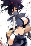  1girl bandaged_arm bandages black_hair blood breasts cleavage_cutout clothing_cutout commentary_request demon_girl disgaea highres hip_vent holding holding_knife knife kunoichi_(disgaea) large_breasts long_hair mask mouth_mask ponytail red_eyes scarf thighs tsutsugano white_background 