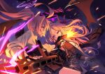  2girls ahoge battle belt beretta_92 black_belt black_dress black_gloves black_halo black_horns black_jacket black_skirt black_thighhighs blue_archive bulletproof_vest buttons clenched_teeth collared_shirt commentary_request cowboy_shot dark demon_girl demon_horns demon_wings dodging double-breasted dress dual_wielding eye_contact eyelashes fighting_stance fingerless_gloves firing floating_hair forehead foreshortening gloves greenkohgen gun hair_between_eyes hair_ornament hairclip halo handgun highres hina_(blue_archive) holding holding_gun holding_weapon horns hoshino_(armed)_(blue_archive) hoshino_(blue_archive) indoors jacket jacket_on_shoulders long_hair looking_at_another machine_gun mg42 miniskirt multiple_girls muzzle_flash nose official_alternate_costume official_alternate_hairstyle outstretched_arm parallel_hairclips parted_bangs pink_hair pink_halo plaid_clothes plaid_skirt pleated_skirt ponytail profile purple_eyes school_uniform shirt sidelocks skirt slit_pupils sparks teeth thighhighs tsurime underlighting v-shaped_eyebrows very_long_hair weapon white_hair white_shirt wings yellow_eyes 