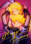  1boy 1girl blonde_hair blue_eyes clenched_teeth cowlick detached_sleeves hair_between_eyes hair_ornament hair_ribbon hairband hairclip happy_birthday highres hug hug_from_behind indai_(3330425) kagamine_len kagamine_rin looking_at_viewer necktie parted_bangs parted_lips ponytail puffy_short_sleeves puffy_sleeves ribbon shirt short_hair short_ponytail short_sleeves simple_background sleeveless sleeveless_shirt smile teeth vocaloid white_hairband white_ribbon white_shirt yellow_necktie 