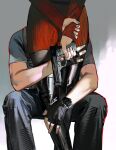  1boy 1girl ada_wong arms_behind_back avandee11949 beretta_92 black_boots black_gloves black_pantyhose boots dress fingerless_gloves gloves grey_shirt gun handgun hetero highres holding holding_behind_back holding_gun holding_weapon holding_weapon_behind_back hug leon_s._kennedy pantyhose red_dress resident_evil resident_evil_4 resident_evil_4_(remake) ribbed_dress shirt thigh_boots watch weapon wristwatch 