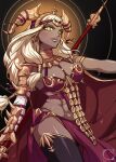  1girl abs armor bikini_armor black_thighhighs blonde_hair breasts bugyakis cape cleavage commentary dark-skinned_female dark_skin earrings english_commentary fake_horns fire_emblem fire_emblem:_fortune's_weave gold_earrings headpiece highres holding holding_polearm holding_weapon hoop_earrings horned_headwear horns jewelry long_hair medium_breasts narrow_waist pelvic_curtain polearm solo spiked_armor spikes theodora_(fire_emblem) thighhighs weapon white_hair wide_hips yellow_eyes 