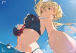  1girl bikini black_bikini blonde_hair blue_sky braid braided_bangs breasts centaureissi_(girls'_frontline_2) chinese_commentary cloud commentary_request covered_nipples cross-laced_bikini cross-laced_clothes floating_hair frilled_bikini frills from_below g36_(50_days_with_g36)_(girls'_frontline) g36_(girls'_frontline) girls'_frontline girls'_frontline_2:_exilium green_eyes large_breasts linea_alba looking_to_the_side navel official_alternate_costume outstretched_arm parted_lips partially_submerged ponytail selfie sky sola7764 solo stomach swimsuit turning_head upper_body viewfinder water_drop wet 