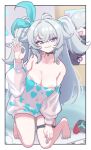  1girl absurdres areola_slip bare_legs bare_shoulders barefoot bed black_choker blue_eyes blue_hair blue_nails blue_ribbon blush breasts choker cleavage collarbone commentary_request controller covered_nipples dot_nose feet fingernails florence_(girls'_frontline_2) full_body girls'_frontline girls'_frontline_2:_exilium grin hair_between_eyes hair_ribbon hand_on_own_thigh hand_up heart heart-shaped_pupils heart_choker heart_o-ring heart_print highres indoors kneeling leaning_to_the_side light_blush long_hair medium_breasts messy_hair nail_polish navel nipples no_bra o-ring o-ring_thigh_strap off-shoulder_shirt off_shoulder ok_sign on_bed pa-15_(girls'_frontline) pa-15_(marvelous_yam_pastry)_(girls'_frontline) panatisia parted_lips ribbon seductive_smile see-through_clothes see-through_shirt shirt skindentation smile solo symbol-shaped_pupils thigh_strap thighs toenail_polish toenails toes very_long_hair white_shirt 