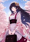  1girl absurdres aqua_eyes bag birthday black_hair blue_sky blunt_bangs blush breasts cherry_blossoms cloud cloudy_sky commentary cream_(nipakupa) happy_birthday highres hime_cut holding holding_bag ikizulive!_love_live!_bluebird komagata_hanabi long_hair love_live! sky small_breasts very_long_hair 