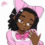  1girl artist_name black_hair bow brown_eyes commentary dark-skinned_female dark_skin dress english_commentary fingernails frilled_bow frills hair_bow half-closed_eyes head_tilt highres jewelry l33oh lips lolita_fashion long_fingernails long_hair long_sleeves looking_to_the_side original parody pearl_hair_ornament pink_bow pink_dress pink_nails pout ring round_collar simple_background solo thick_eyebrows white_background wojak 