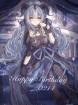  1girl absurdres arknights bang_dream! bang_dream!_it's_mygo!!!!! black_boots black_dress black_gloves black_horns black_pantyhose black_ribbon black_wrist_cuffs blue_gem blue_hair blue_ribbon boots buttons center-flap_bangs chinese_commentary commentary_request cross curled_fingers curled_horns curtains dated detached_collar dress dress_ribbon feet_out_of_frame gem gloves hair_ribbon hand_up happy_birthday highres horns indoors layered_dress long_hair looking_at_viewer musical_note pantyhose parted_lips puffy_sleeves ribbon sidelocks sitting solo stairs sumuan84080 togawa_sakiko togawa_sakiko_(master_of_melodia) very_long_hair wavy_hair wrist_cuffs yellow_eyes 