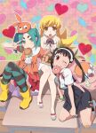  3girls ;) backpack bag bandaid bandaid_on_knee bandaid_on_leg bare_legs black_hair blonde_hair blush blush_stickers boots desk donut dress eating feet food green_eyes green_hair grin hachikuji_mayoi hairband hat heart highres long_hair long_legs monogatari_(series) mouth_hold multiple_girls official_art one_eye_closed onimonogatari ononoki_yotsugi open_mouth orange_hat oshino_shinobu pastry_box randoseru red_eyes ribbon rubber_boots sandals school_desk school_uniform smile socks striped_clothes striped_thighhighs sundress thighhighs toes twintails v v_over_eye watanabe_akio yellow_eyes 