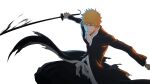  1boy anime_coloring bankai black_hakama bleach breasts brown_eyes clenched_teeth collarbone cowboy_shot crop_top fighting_stance floating_clothes hakama highres holding holding_sword holding_weapon japanese_clothes kurosaki_ichigo long_sleeves looking_at_viewer male_focus nose obi official_art orange_hair sash serious shihakusho short_hair simple_background solo spiked_hair sword teeth tensa_zangetsu_(bankai) transparent_background tsurime weapon white_sash 