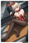  1girl absurdres animal_ear_hairband animal_ears bare_shoulders black_pantyhose blonde_hair blush border bow breasts brown_eyes cleavage collar come_hither commentary_request cup detached_collar detached_sleeves dot_nose dutch_angle fake_animal_ears feet floor foot_focus full_cleavage girls'_frontline girls'_frontline_2:_exilium gold_trim hair_between_eyes hairband highres holding holding_cup knees_up leotard light_blush long_hair long_sleeves looking_at_viewer neck_tassel on_floor open_mouth pantyhose playboy_bunny plunging_neckline presenting_foot qiuhua_(girls'_frontline_2) rabbit_ear_hairband rabbit_ears red_bow red_collar red_hairband red_leotard red_trim see-through_clothes see-through_legwear see-through_pantyhose sitting sleeves_past_wrists smile soles tassel thigh_strap thighs tile_floor tiles toe_seam toes type_97_shotgun_(girls'_frontline) white_border zhthktk 