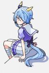  1girl animal_ears arm_support bandaged_leg bandages blue_eyes blue_hair blush bow bowtie closed_mouth ear_covers hair_between_eyes horse_ears horse_girl horse_tail k.s.miracle_(umamusume) looking_at_viewer puffy_short_sleeves puffy_sleeves purple_bow purple_bowtie purple_shirt sailor_collar sailor_shirt saramiao-chan school_uniform shirt short_hair short_sleeves simple_background single_thighhigh sitting skirt smile solo tail thighhighs tracen_school_uniform umamusume white_sailor_collar white_skirt white_thighhighs 