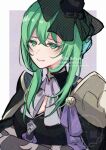  1girl armor border bow breasts closed_mouth commentary_request crossed_bangs fascinator fire_emblem fire_emblem:_fortune's_weave green_eyes green_hair grey_background hair_between_eyes hat hat_bow mini_hat ninae_(fire_emblem) short_hair_with_long_locks shoulder_armor siesta_festival simple_background small_breasts solo white_border 