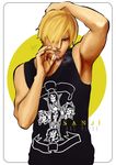  1boy alternate_costume blonde_hair border character_name cigarette contemporary facial_hair goatee guns_'n'_roses hair_over_one_eye harryyong male male_focus one_piece sanji skull_print smoking solo tank_top 