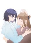  2girls absurdres blue_eyes blue_hair blue_shirt blush braid brown_hair brown_shirt collared_shirt commentary earrings english_commentary eye_contact flower_earrings half_up_braid hand_in_another's_hair hand_on_another's_head hand_on_another's_shoulder hands_on_another's_waist highres hug jewelry long_hair looking_at_another medium_hair misha_94 miyagi_shiori multiple_girls parted_lips pout purple_eyes sendai_hazuki shirt shuuniichido_classmate_wo_kau_hanashi simple_background smile stud_earrings white_background yuri 