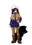  1girl beret boots brooch brown_boots brown_capelet brown_hair brown_pantyhose capelet constricted_pupils dress frilled_capelet frills full_body green_eyes hair_over_one_eye hand_on_own_hip hat jewelry let's_go_kaikigumi long_hair long_sleeves looking_at_viewer messy_hair official_art pantyhose purple_dress purple_nails sanpaku serious shadow short_dress shurako_(let's_go_kaikigumi) solo straight-on tachi-e turtleneck turtleneck_dress white_hat 