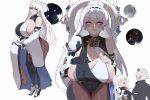  1boy 1girl absurdres anger_vein breasts brown_pantyhose closed_eyes commentary english_commentary goddess_of_victory:_nikke guttsuko highres large_breasts looking_at_viewer multiple_views nayuta_(nikke) pantyhose sideboob simple_background white_background white_hair 