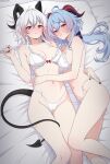  2girls absurdres bed_sheet black_horns black_nails black_tail blue_hair blush bra breasts cleavage commentary crossover curled_horns demon_horns demon_tail fingernails ganyu_(genshin_impact) genshin_impact goat_horns grey_hair hair_between_eyes hair_intakes highleg highleg_panties highres horns long_hair looking_at_viewer lying medium_breasts mole mole_under_eye multiple_girls nail_polish navel on_back on_bed paid_reward_available panties purple_eyes red_eyes roswell_ss stomach tail tail_around_own_leg thighs underwear underwear_only white_bra white_panties wuthering_waves zani_(wuthering_waves) 