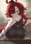  1girl 4others absurdres antenna_hair asymmetrical_bangs black_scrunchie black_shirt blush breasts capelet colored_eyelashes commentary fang fire_emblem fire_emblem_heroes giant giantess hair_ornament hair_scrunchie hairclip highres jormungandr_(fire_emblem) kiran_(fire_emblem) lamia large_breasts long_hair looking_at_another lying mini_person monster_girl multiple_others on_stomach red_hair scrunchie shirt sidelocks size_difference skin_fang sleeveless sleeveless_shirt smile very_long_hair white_capelet yajimura926 yellow_eyes yellow_trim 