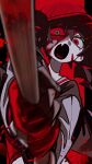  1girl baseball_bat baseball_cap black_hair black_jacket black_mouth blood blood_on_clothes blood_on_face blood_on_weapon blood_splatter blurry chappii_(paon_gunsou) colored_inner_hair colored_sclera colored_skin commentary_request depth_of_field double-parted_bangs downturned_eyes drill_hair fang fingerless_gloves foreshortening from_below gloves hair_between_eyes hat heterochromia highres holding holding_baseball_bat jacket kasane_teto letterman_jacket looking_at_viewer looking_down medium_hair midriff mismatched_sclera multicolored_hair open_clothes open_jacket open_mouth outside_border pillarboxed raglan_sleeves reaching reaching_towards_viewer red_background red_eyes red_gloves red_hair red_hat red_sclera red_shirt sailor_collar shirt simple_background skin_fang solo standing synthesizer_v tongue twin_drills two-handed two-tone_hair upper_body utau weapon white_eyes white_sailor_collar white_skin white_sleeves yararara_(synthesizer_v) 
