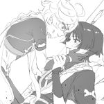  2boys aether_(genshin_impact) against_wall ahoge arm_armor belt blunt_ends braid commentary fighting from_side genshin_impact gloves greyscale hair_between_eyes hand_on_another's_face hand_up holding_another's_wrist jewelry long_hair looking_at_viewer low-braided_long_hair low-tied_long_hair lying male_focus midriff missing_headwear mitsudomoe_(shape) monochrome multiple_boys necklace on_back pants parted_bangs rope scaramouche_(genshin_impact) scarf shirt short_hair short_sleeves simple_background single_braid sitting smile teeth tomoe_(symbol) tsuyaryouyado under-elbow_gloves 