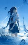  1girl absurdres artist_name blue_eyes blue_hair blue_skirt blue_sky blush braid breasts cloud commentary_request contrail day feet_out_of_frame hairband highres holding holding_umbrella light_particles long_hair looking_to_the_side looking_up midriff_peek miniskirt mountainous_horizon neckerchief ocean original outdoors parted_lips pleated_skirt raised_eyebrows red_neckerchief ryane_(yry_0) sailor_collar school_uniform serafuku shirt short_sleeves sidelighting signature skirt sky small_breasts solo standing transparent transparent_umbrella turning_head twin_braids twitter_username umbrella very_long_hair wading water wet wet_clothes wet_hair wet_lens white_hairband white_sailor_collar white_shirt 