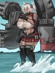  1girl breasts curvy dark-skinned_female dark_skin glasses gloves highres huge_breasts kantai_collection large_areolae musashi_(kancolle) ocean red_eyes revealing_clothes slavsegger solo_focus tall_female weapon white_hair 