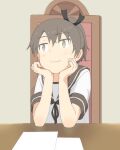  1girl alternate_hairstyle arm_support averting_eyes black_neckerchief black_ribbon blush brown_background brown_hair brown_sailor_collar chair commentary_request double-parted_bangs hair_between_eyes hair_ribbon head_rest indoors kantai_collection medium_hair neckerchief on_chair paper ponytail ribbon sailor_collar shikinami_(kancolle) shirt short_sleeves sidelocks simple_background sitting smile solo table upper_body wachi_(hati1186) white_shirt yellow_eyes 