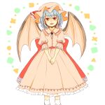  1girl back_bow bat_wings blue_hair bow brooch commentary_request hat hat_ribbon jewelry looking_at_viewer mangetsu_(yayoi) mob_cap pink_hat pink_shirt pink_skirt red_bow red_eyes remilia_scarlet ribbon shirt simple_background skirt skirt_set socks solo touhou white_background white_socks wings 